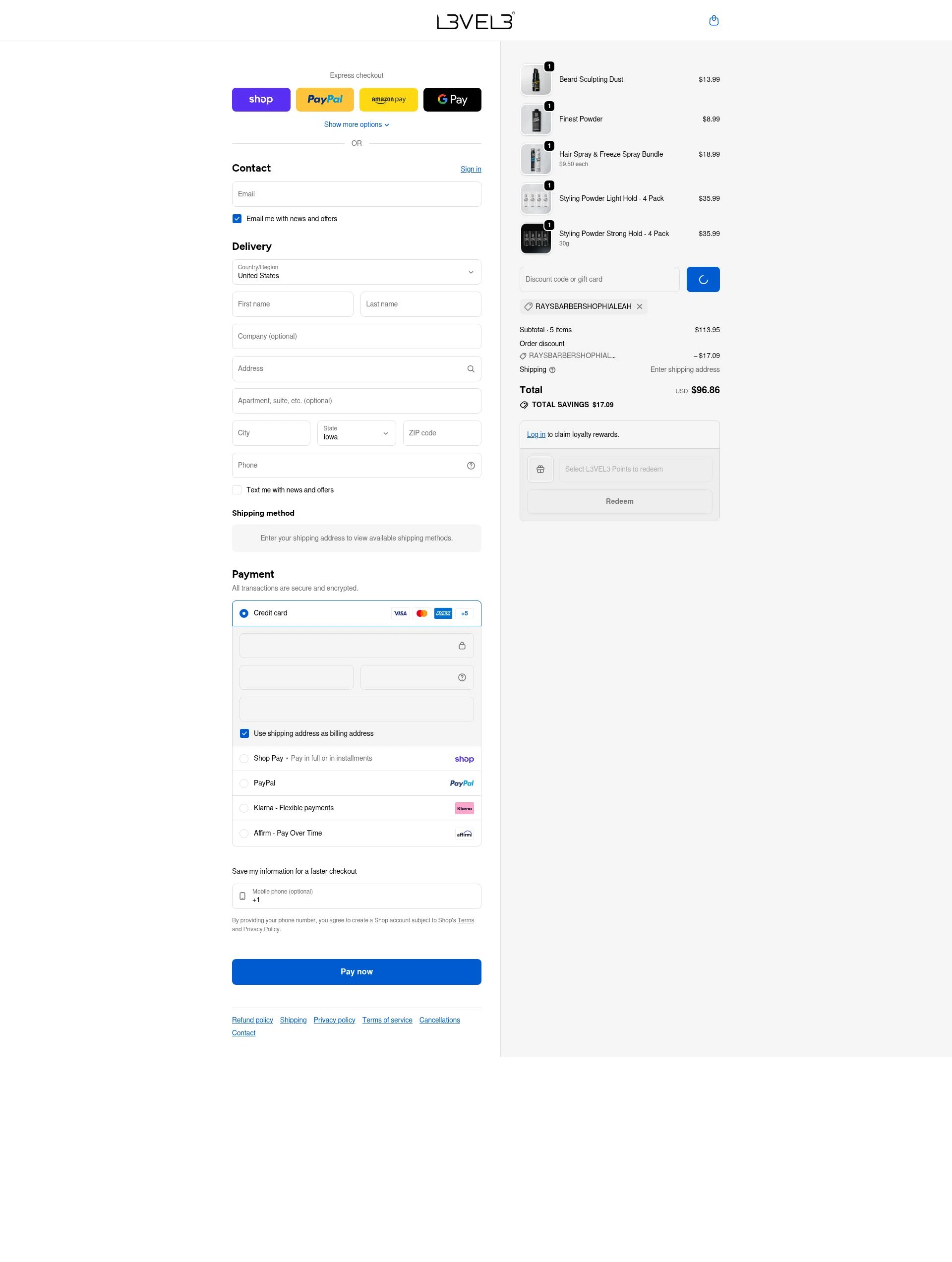 L3VEL3 checkout page showing L3VEL3 discount code box | Screenshot taken by SimplyCodes community member on Feb 26, 2026
