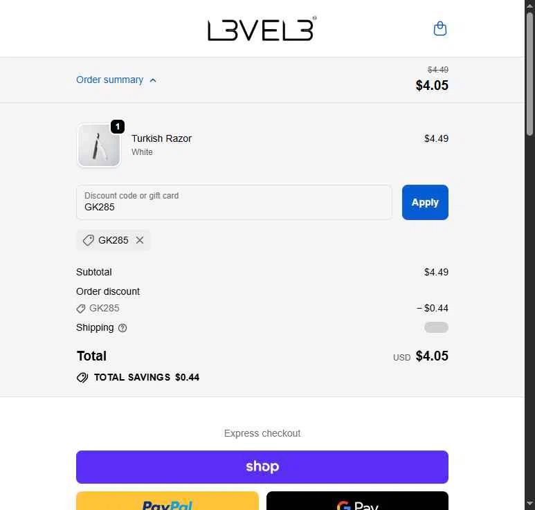 L3VEL3 checkout page showing L3VEL3 discount code box | Screenshot taken by SimplyCodes community member on Feb 17, 2026