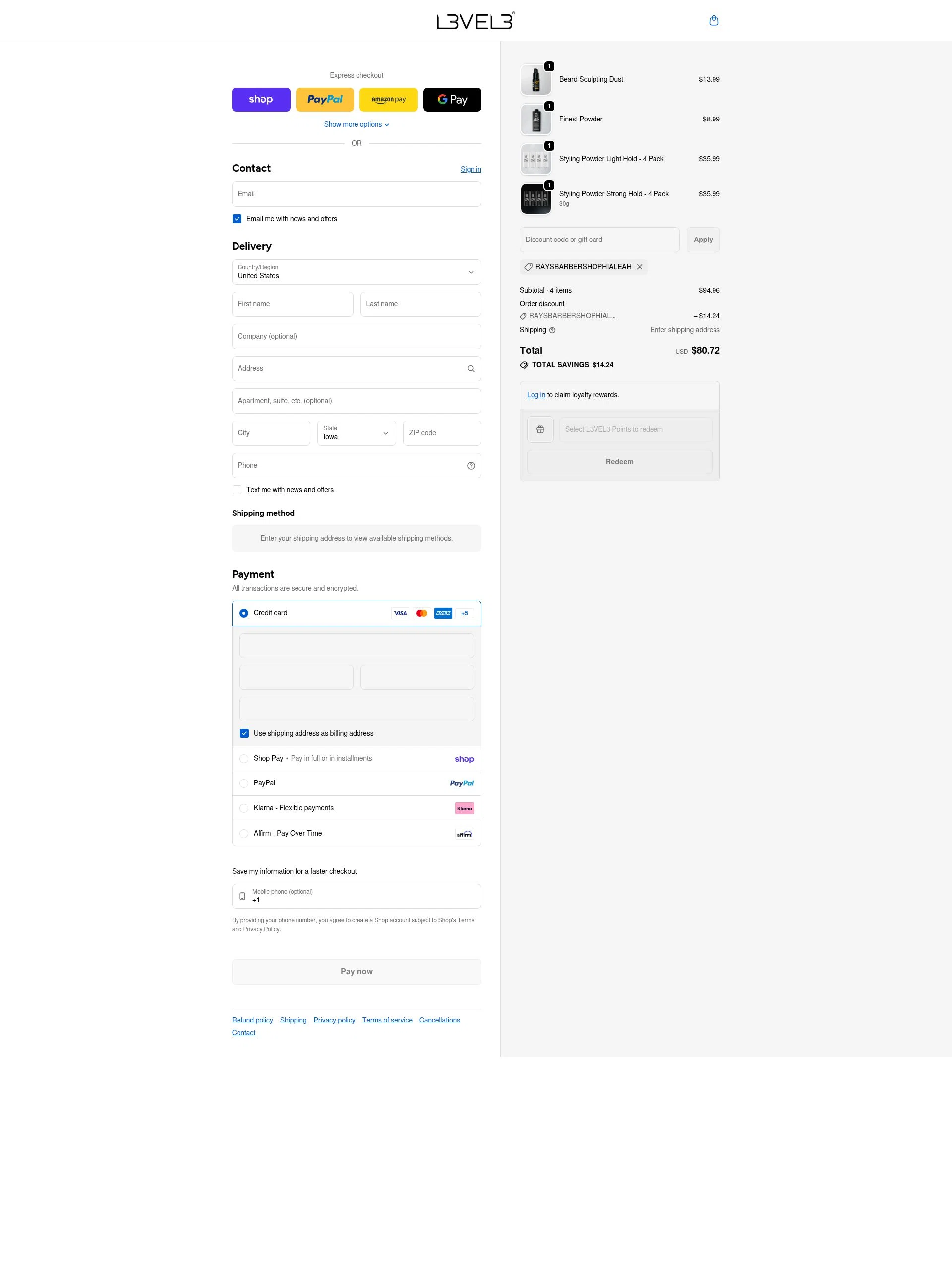 L3VEL3 checkout page showing L3VEL3 discount code box | Screenshot taken by SimplyCodes community member on Feb 22, 2026