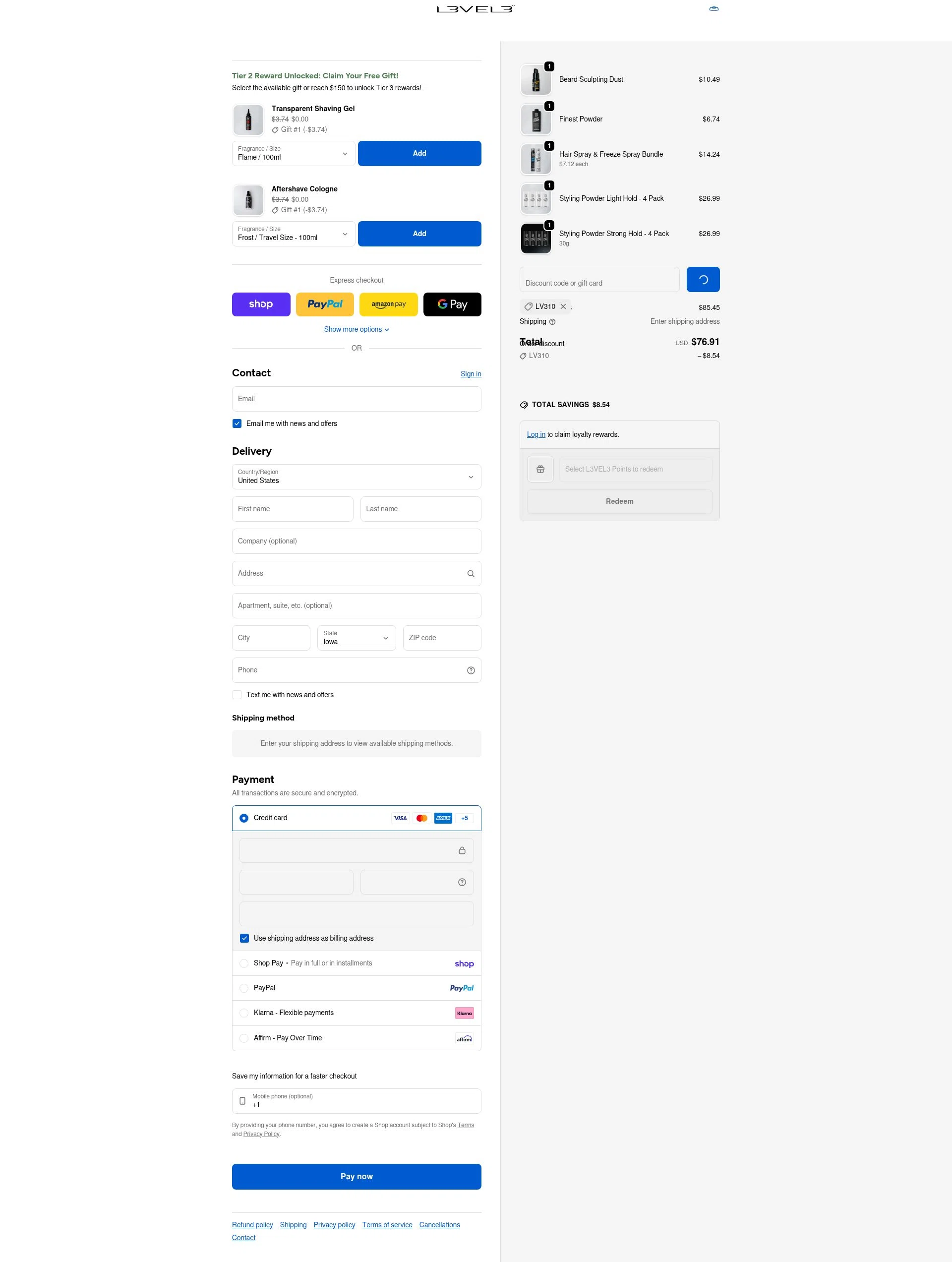 L3VEL3 checkout page showing L3VEL3 discount code box | Screenshot taken by SimplyCodes community member on Feb 17, 2026