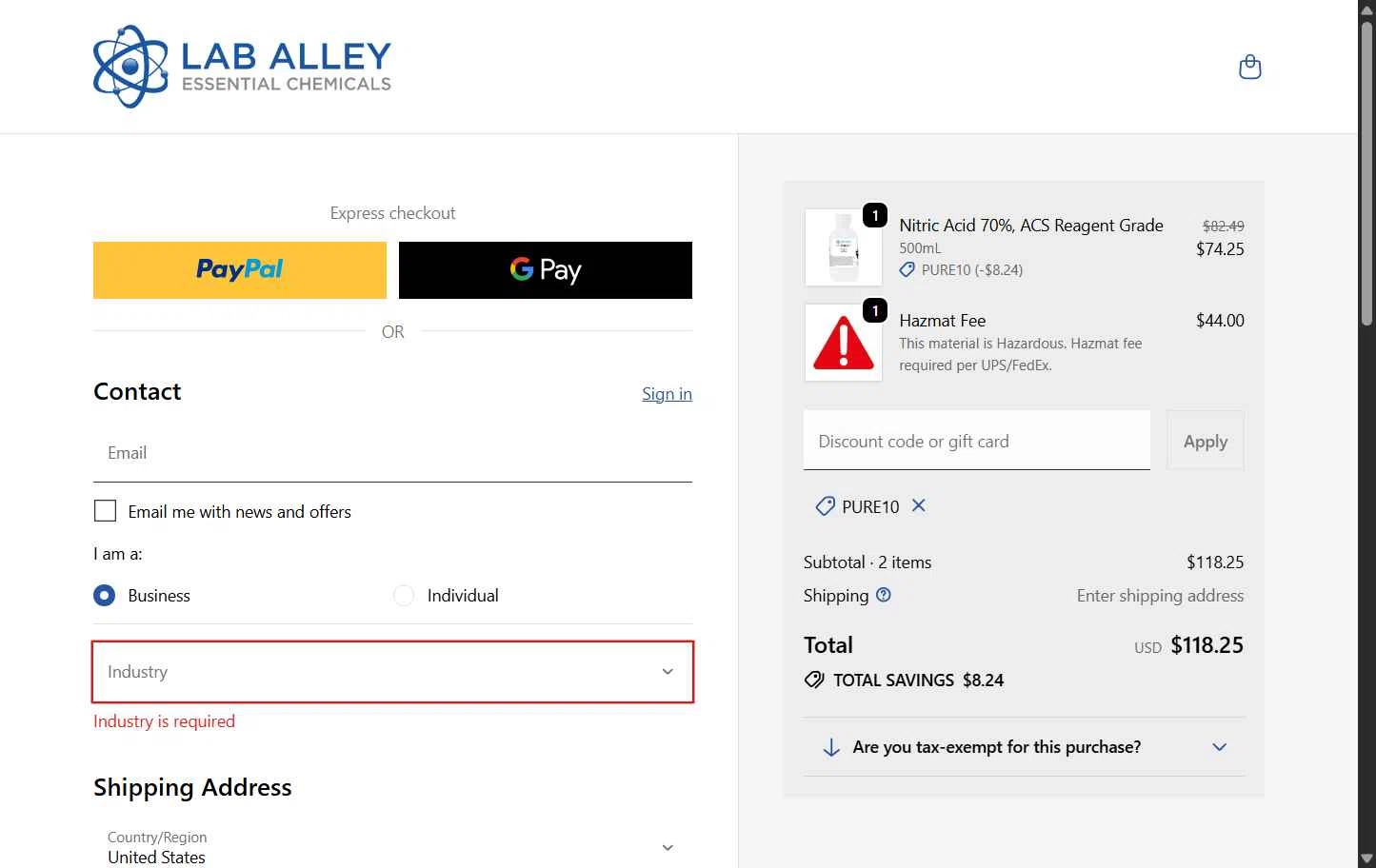 Lab Alley checkout page showing Lab Alley discount code box | Screenshot taken by SimplyCodes community member on Jan 26, 2026