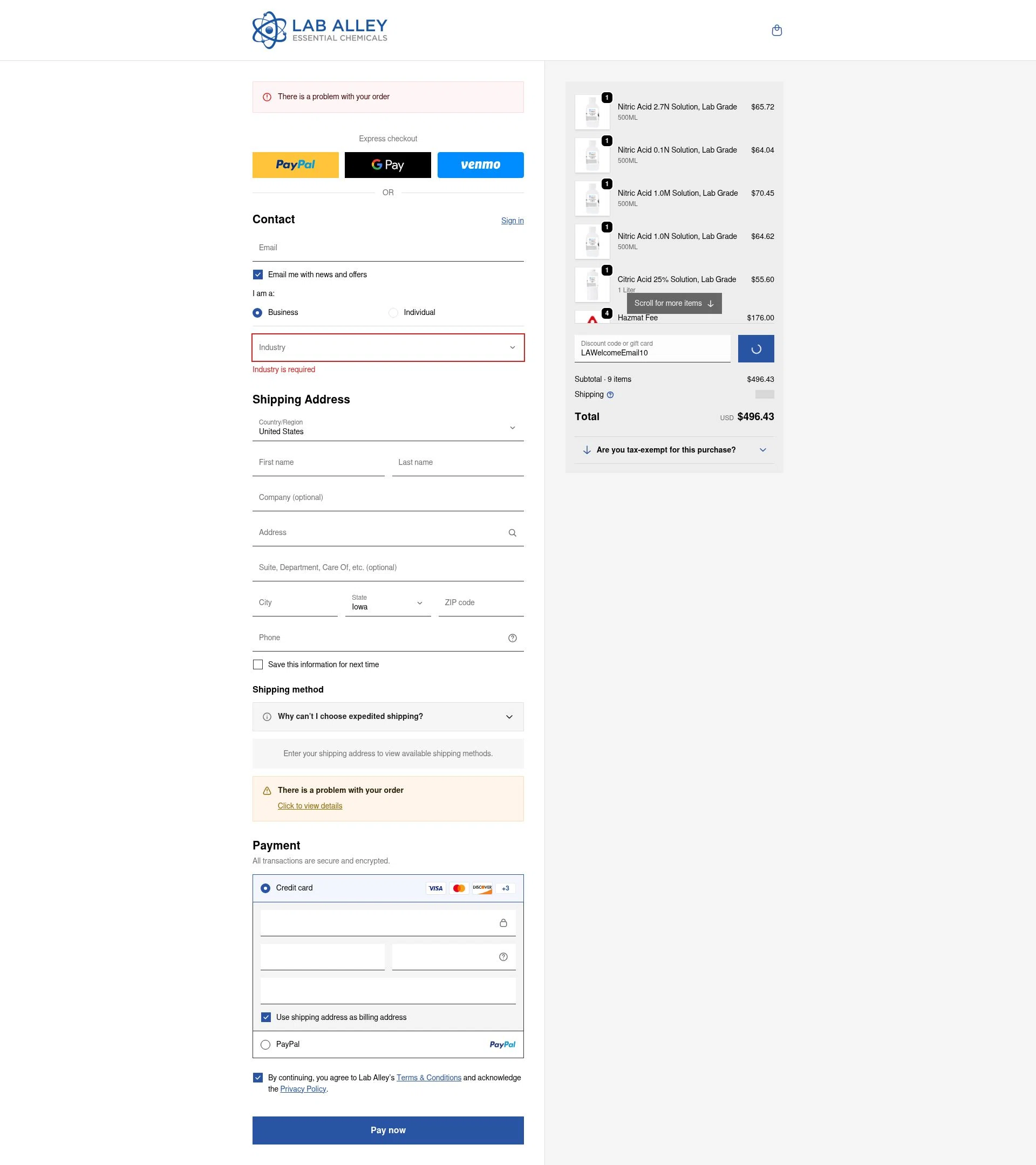 Lab Alley checkout page showing Lab Alley discount code box | Screenshot taken by SimplyCodes community member on Jan 28, 2026
