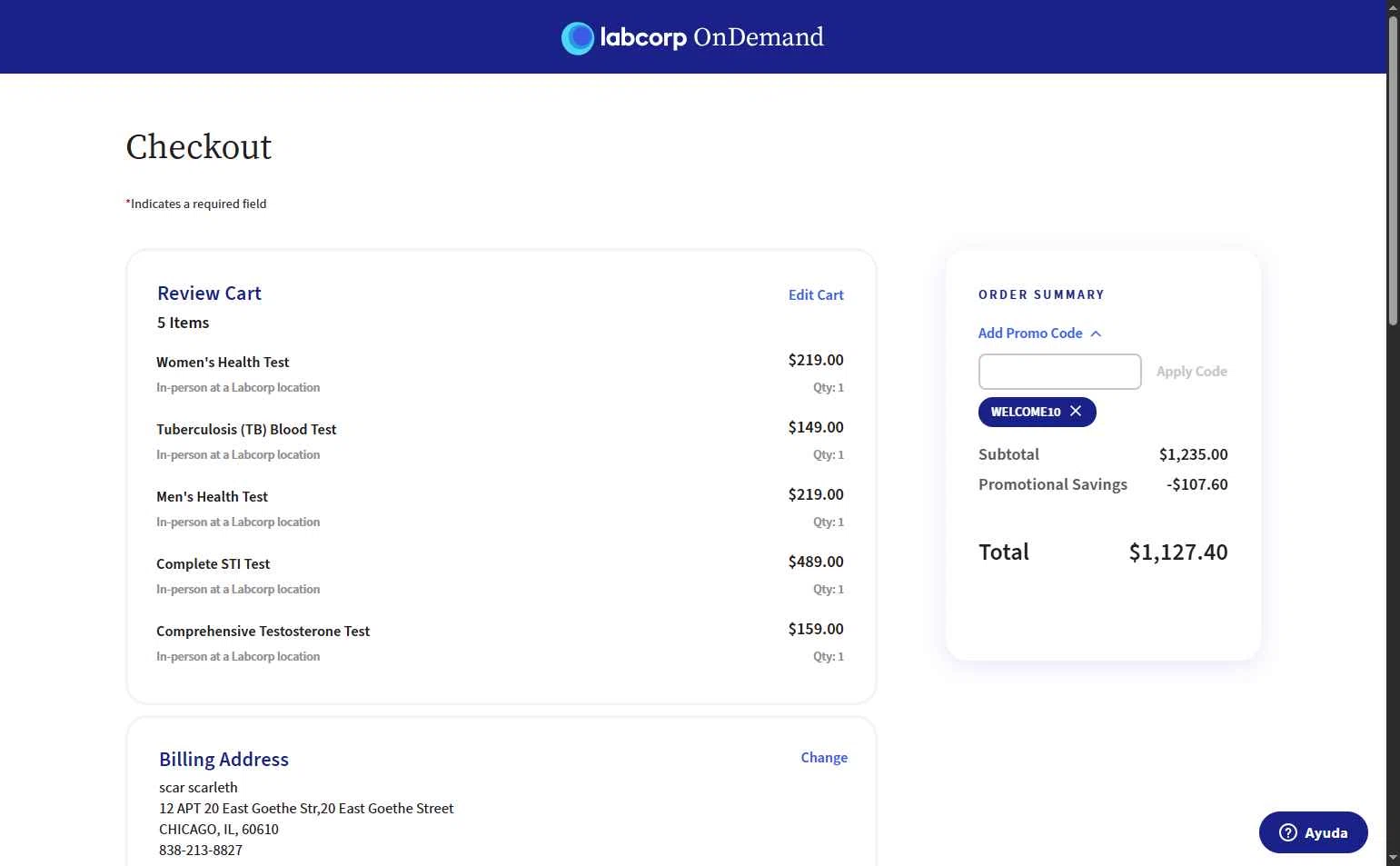Labcorp OnDemand checkout page showing Labcorp OnDemand promo code box | Screenshot taken by SimplyCodes community member on Jan 4, 2026