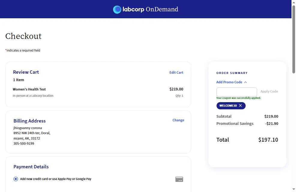 Labcorp OnDemand checkout page showing Labcorp OnDemand promo code box | Screenshot taken by SimplyCodes community member on Nov 6, 2025