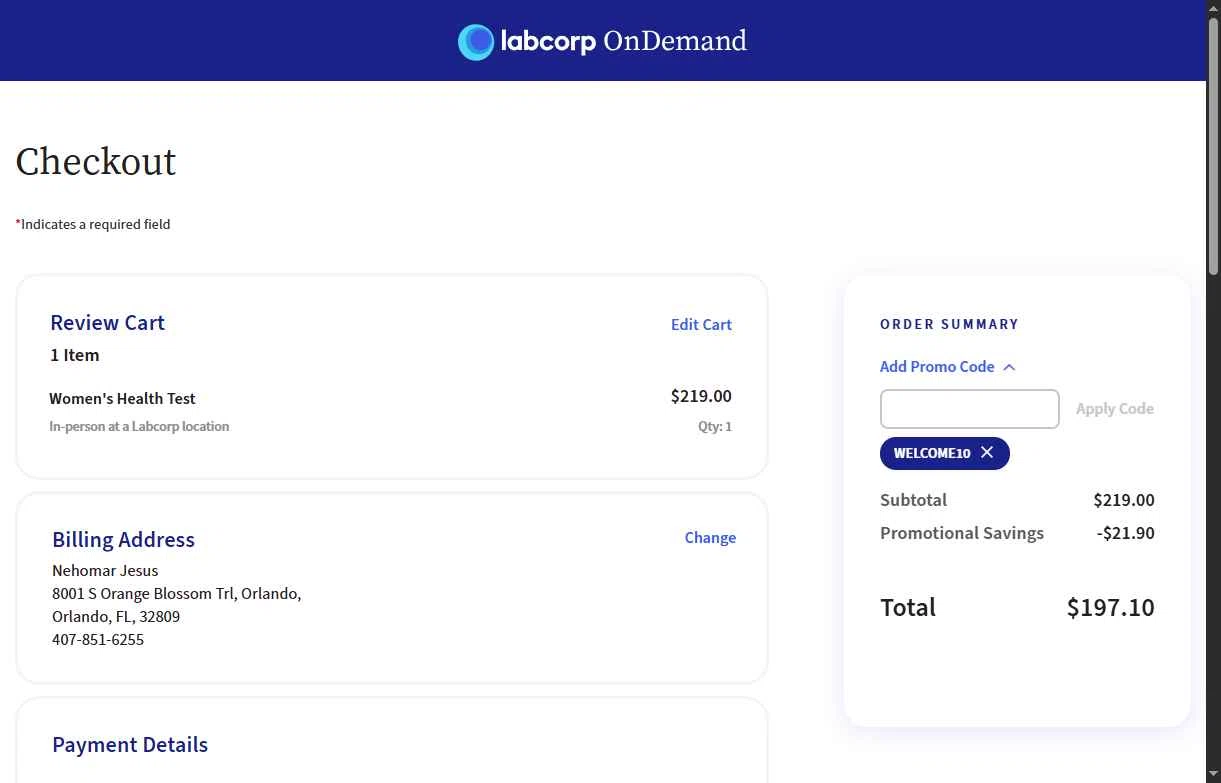 Labcorp OnDemand checkout page showing Labcorp OnDemand promo code box | Screenshot taken by SimplyCodes community member on Dec 1, 2025