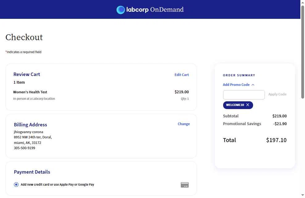 Labcorp OnDemand checkout page showing Labcorp OnDemand promo code box | Screenshot taken by SimplyCodes community member on Nov 24, 2025