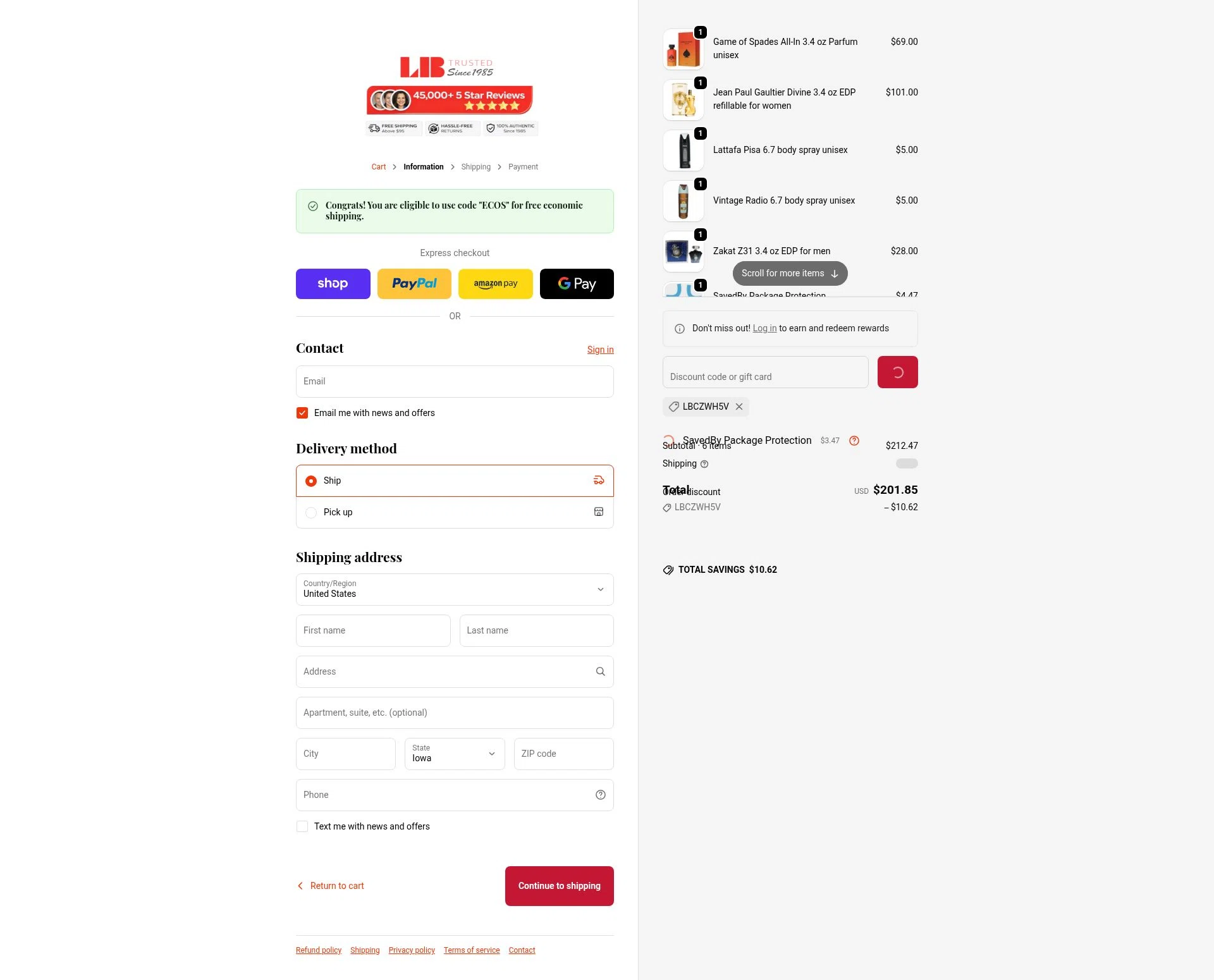 La Belle Perfumes checkout page showing La Belle Perfumes promo code box | Screenshot taken by SimplyCodes community member on Feb 12, 2026