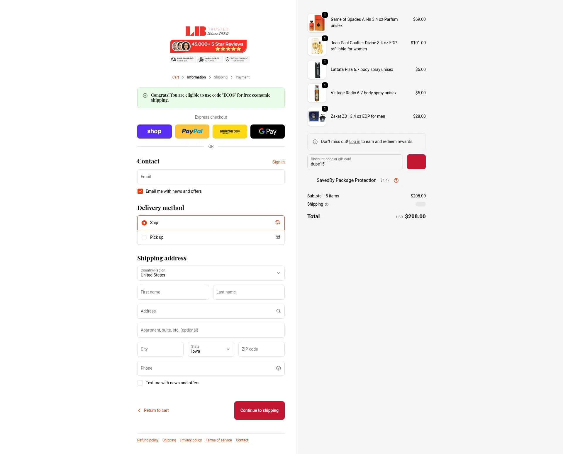 La Belle Perfumes checkout page showing La Belle Perfumes promo code box | Screenshot taken by SimplyCodes community member on Feb 12, 2026