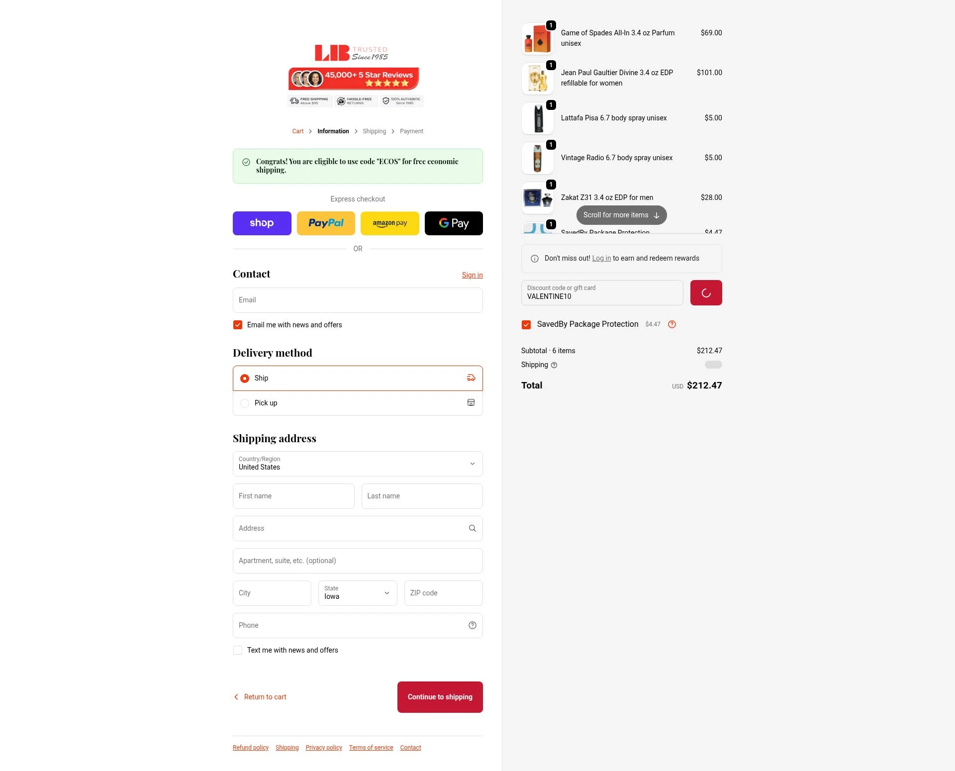 La Belle Perfumes checkout page showing La Belle Perfumes promo code box | Screenshot taken by SimplyCodes community member on Feb 12, 2026
