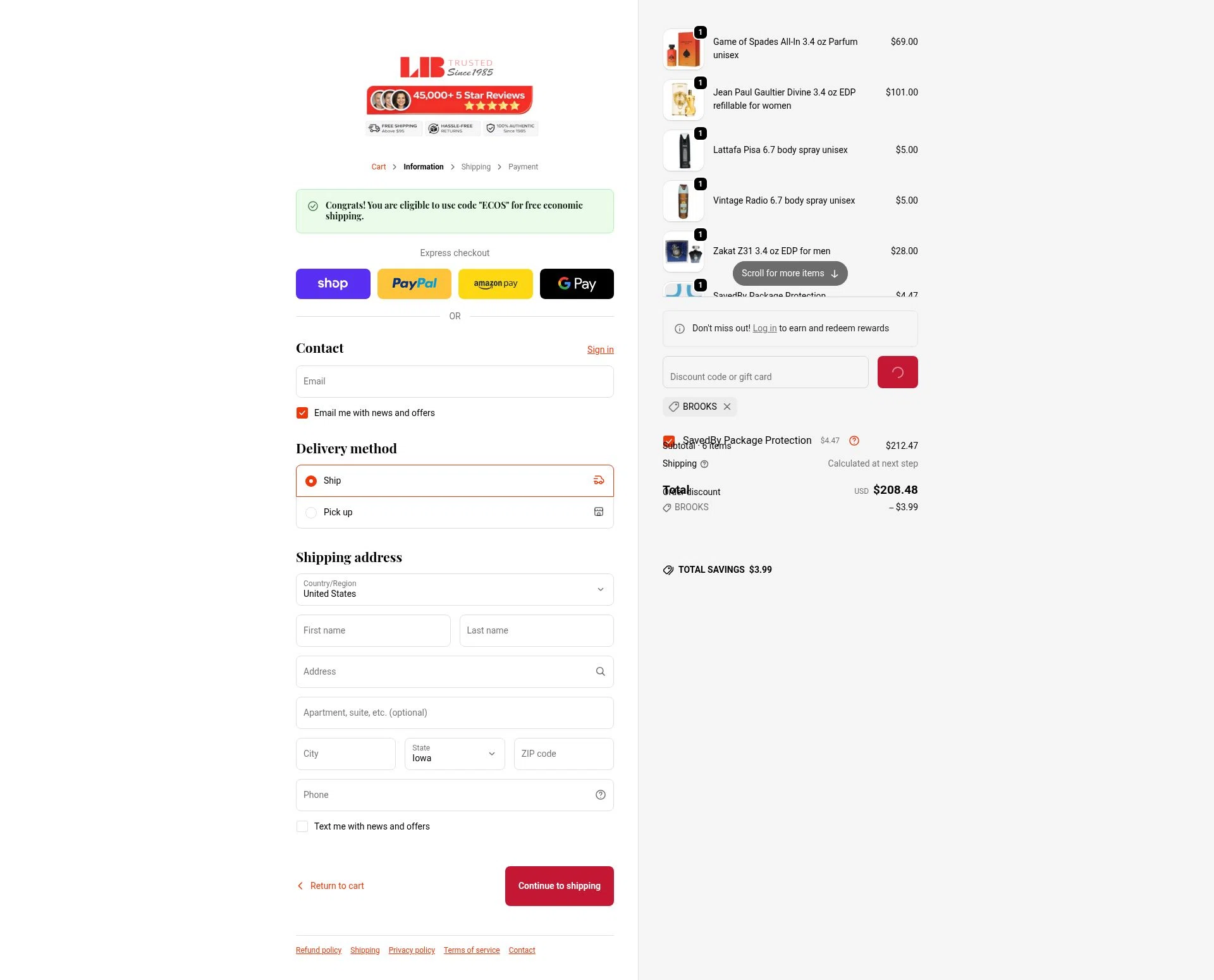La Belle Perfumes checkout page showing La Belle Perfumes promo code box | Screenshot taken by SimplyCodes community member on Feb 12, 2026