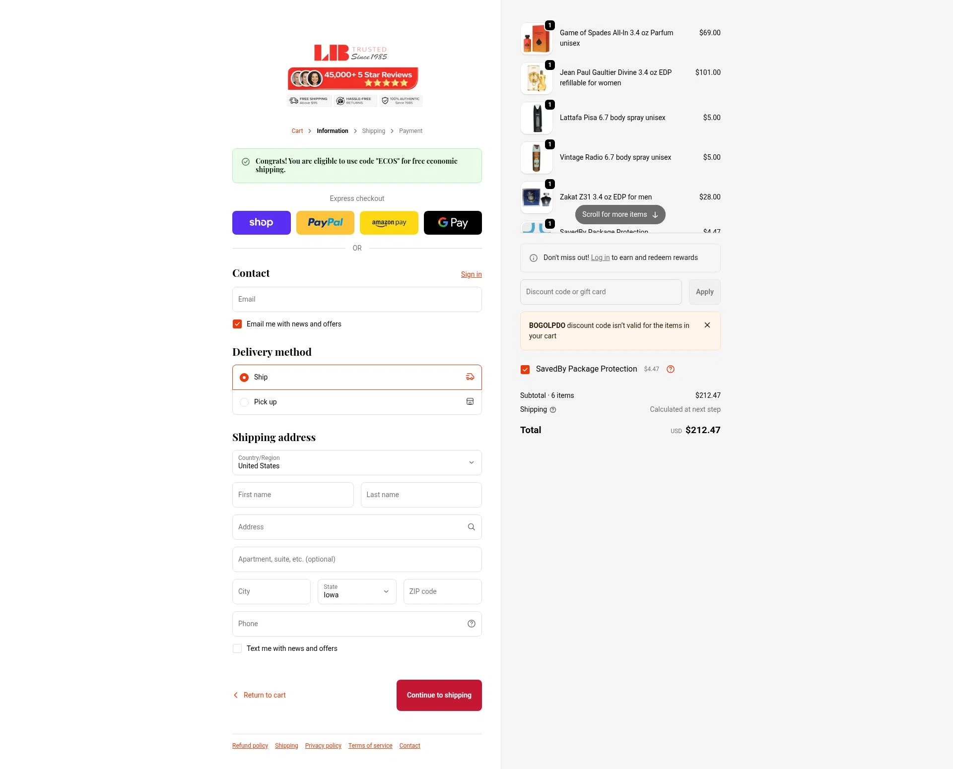 La Belle Perfumes checkout page showing La Belle Perfumes promo code box | Screenshot taken by SimplyCodes community member on Feb 12, 2026
