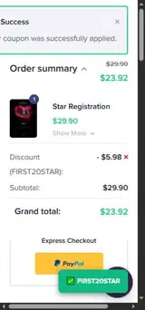 FIRST20STAR coupon verification screenshot