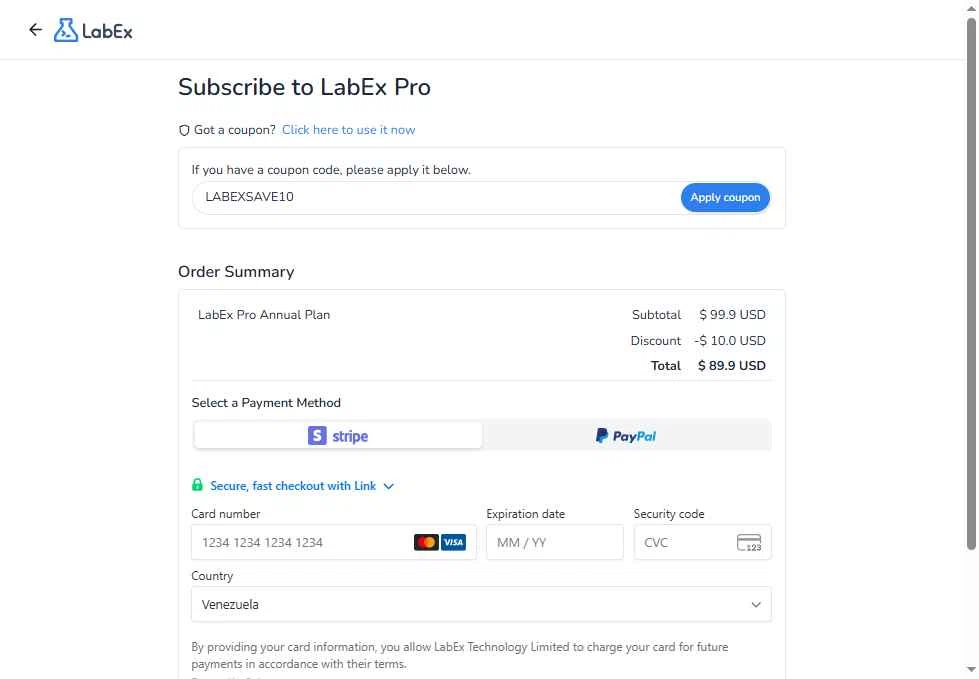 LabEx checkout page showing LabEx coupon code box | Screenshot taken by SimplyCodes community member on Dec 3, 2025