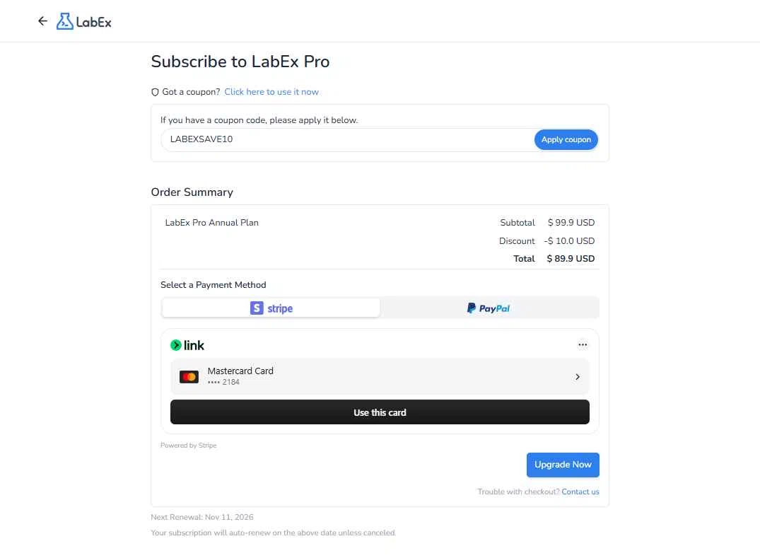 LabEx checkout page showing LabEx coupon code box | Screenshot taken by SimplyCodes community member on Nov 11, 2025