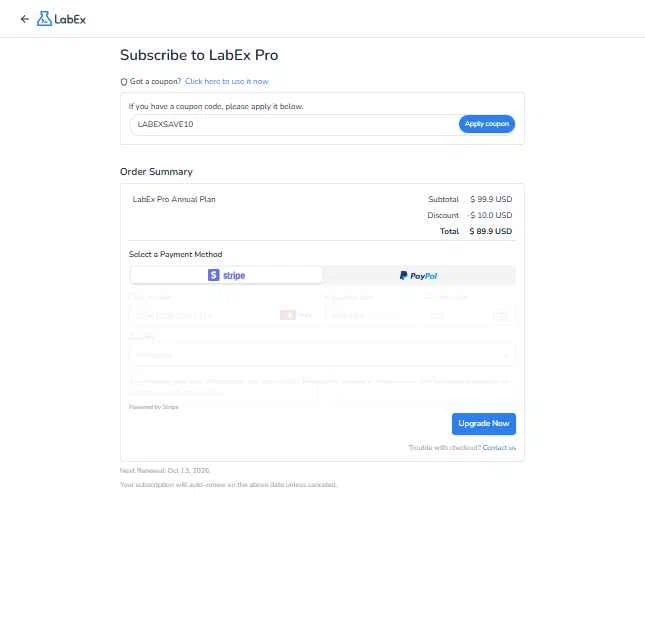 LabEx checkout page showing LabEx coupon code box | Screenshot taken by SimplyCodes community member on Oct 13, 2025