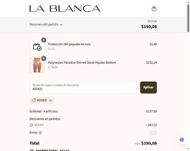 La Blanca checkout page showing La Blanca discount code box | Screenshot taken by SimplyCodes community member on Sep 13, 2025