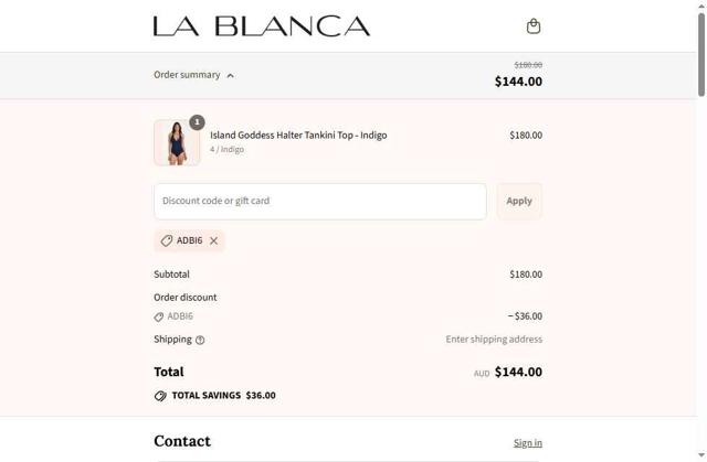 La Blanca checkout page showing La Blanca discount code box | Screenshot taken by SimplyCodes community member on Sep 13, 2025