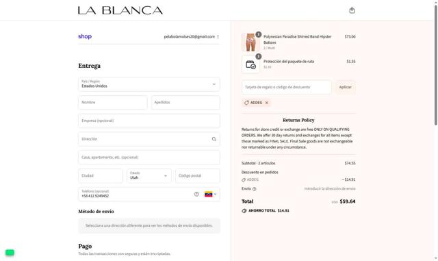 La Blanca checkout page showing La Blanca discount code box | Screenshot taken by SimplyCodes community member on Sep 13, 2025