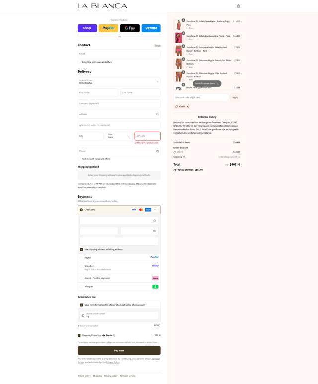 La Blanca checkout page showing La Blanca discount code box | Screenshot taken by SimplyCodes community member on Sep 12, 2025