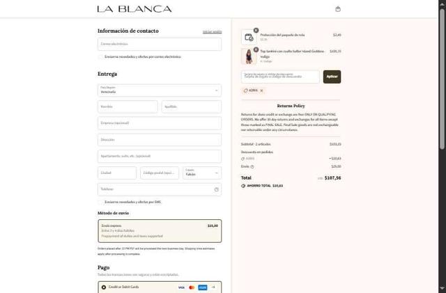 La Blanca checkout page showing La Blanca discount code box | Screenshot taken by SimplyCodes community member on Sep 13, 2025