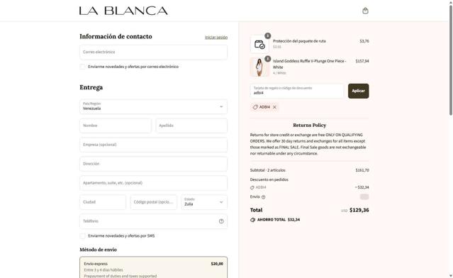 La Blanca checkout page showing La Blanca discount code box | Screenshot taken by SimplyCodes community member on Sep 13, 2025