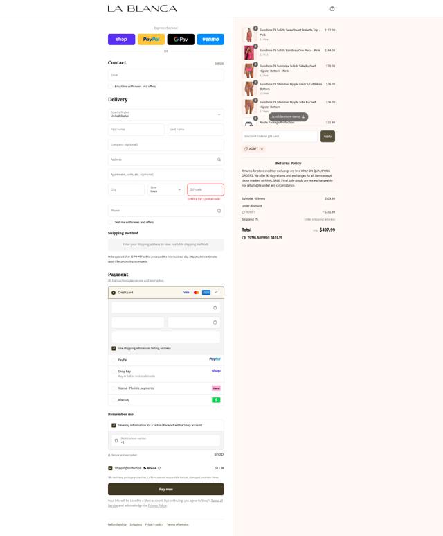 La Blanca checkout page showing La Blanca discount code box | Screenshot taken by SimplyCodes community member on Sep 12, 2025