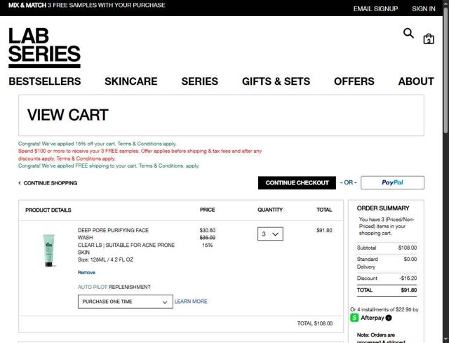 Lab Series checkout page showing Lab Series discount code box | Screenshot taken by SimplyCodes community member on May 20, 2025