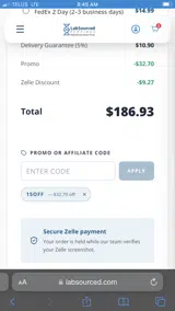 LabSourced Peptides coupon verification screenshot