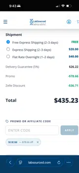 LabSourced Peptides coupon verification screenshot