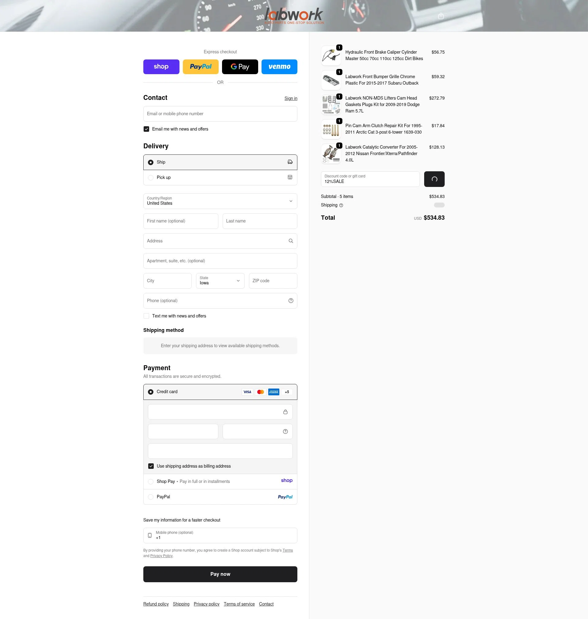 Lab Work Auto Parts checkout page showing Lab Work Auto Parts promo code box | Screenshot taken by SimplyCodes community member on Jan 15, 2026