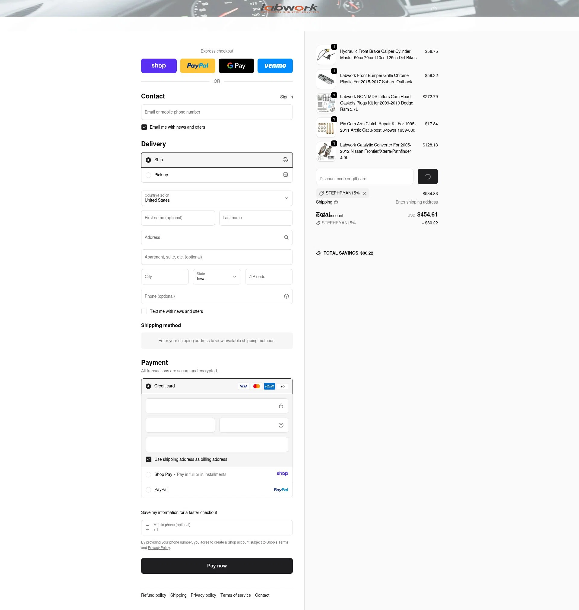 Lab Work Auto Parts checkout page showing Lab Work Auto Parts promo code box | Screenshot taken by SimplyCodes community member on Jan 15, 2026