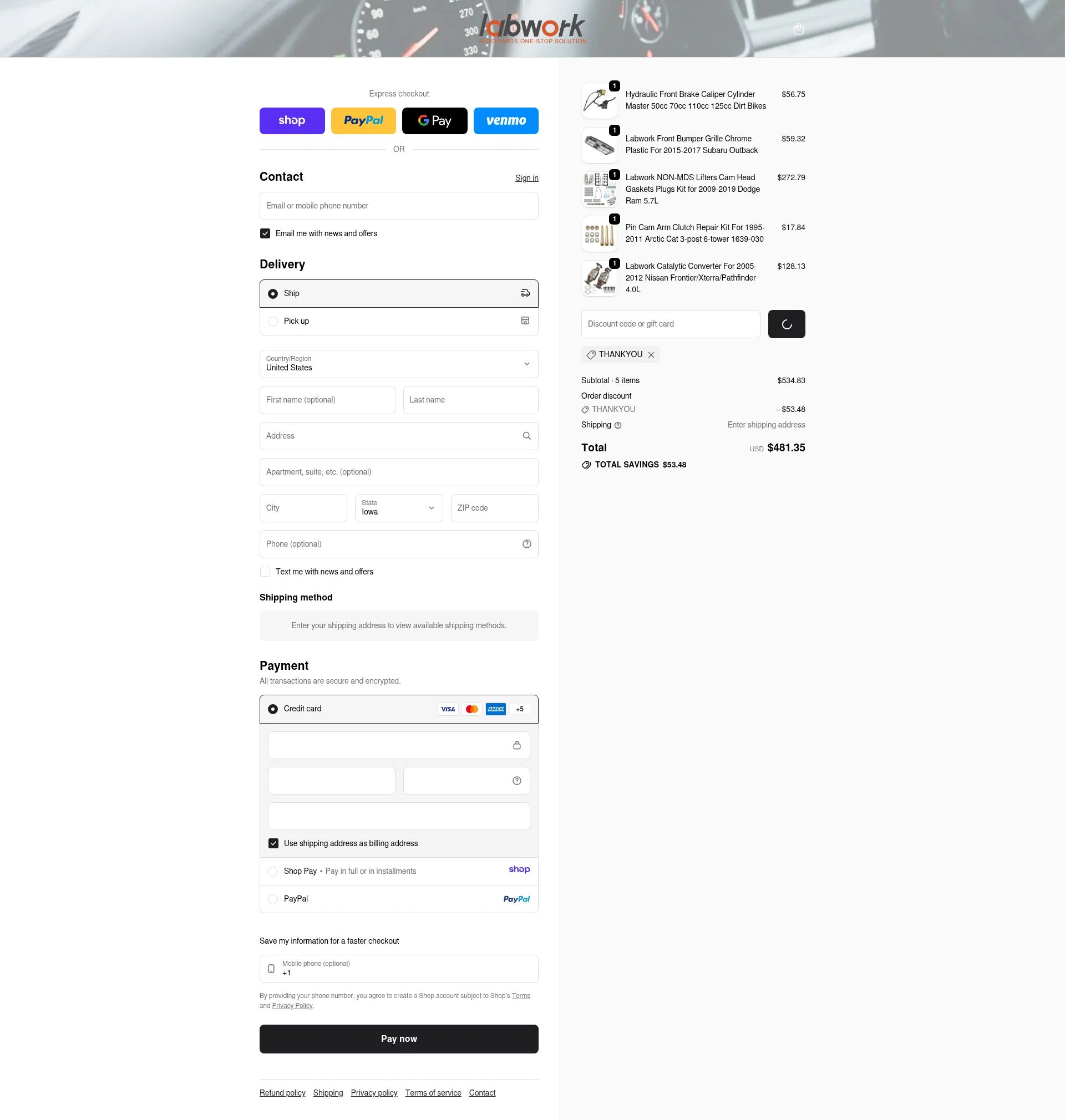 Lab Work Auto Parts checkout page showing Lab Work Auto Parts promo code box | Screenshot taken by SimplyCodes community member on Jan 15, 2026