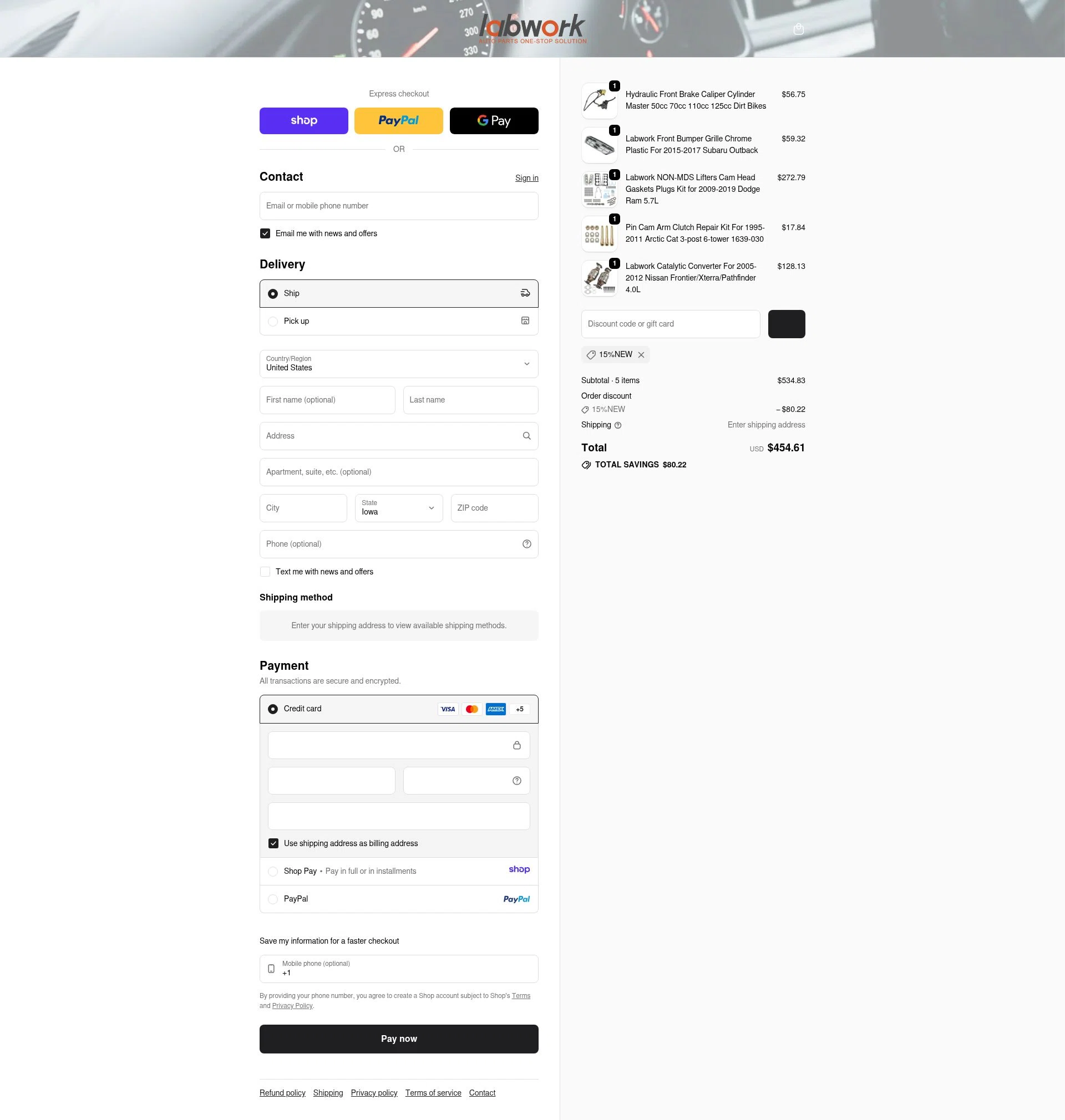 Lab Work Auto Parts checkout page showing Lab Work Auto Parts promo code box | Screenshot taken by SimplyCodes community member on Jan 10, 2026