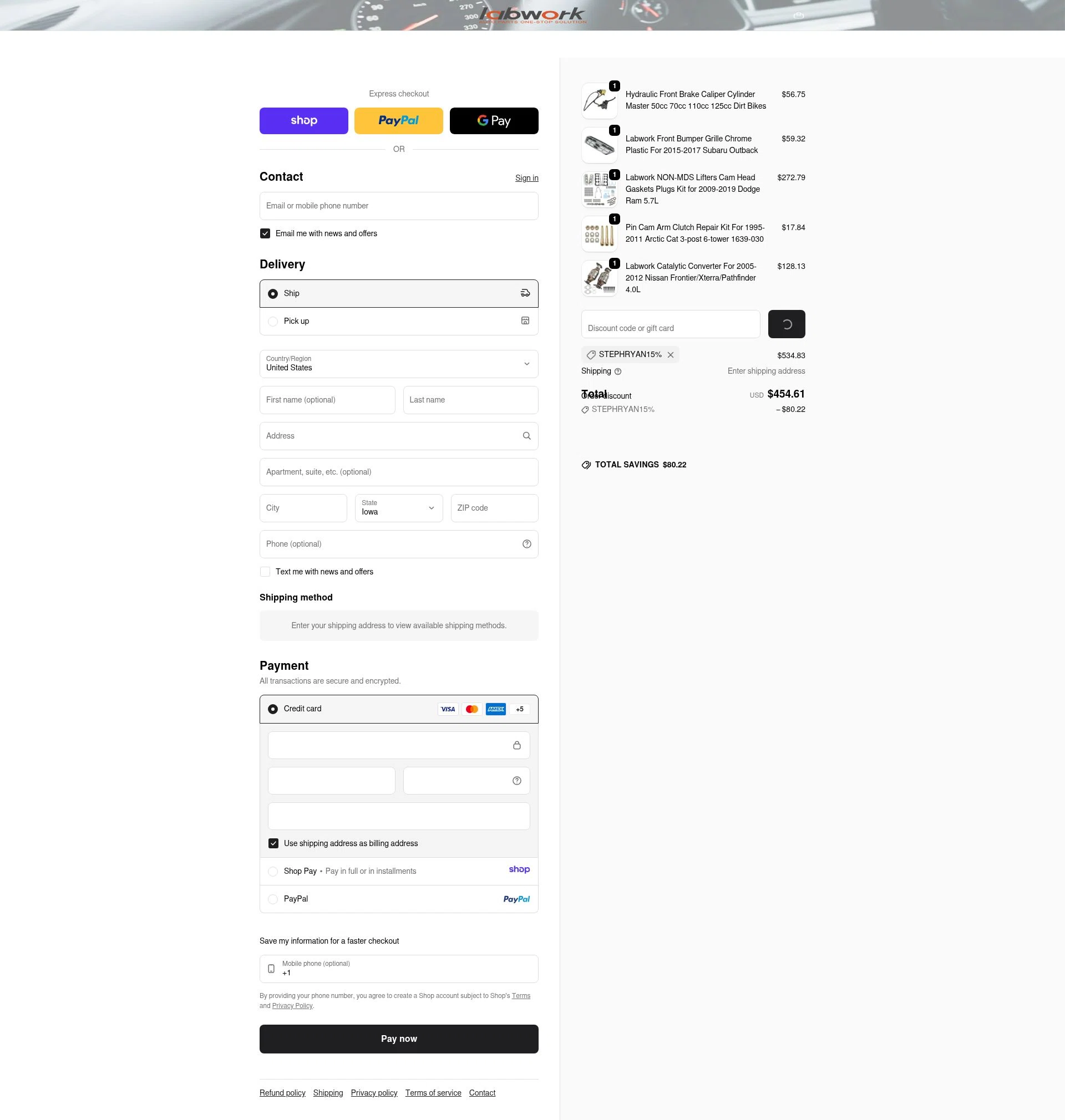Lab Work Auto Parts checkout page showing Lab Work Auto Parts promo code box | Screenshot taken by SimplyCodes community member on Jan 10, 2026