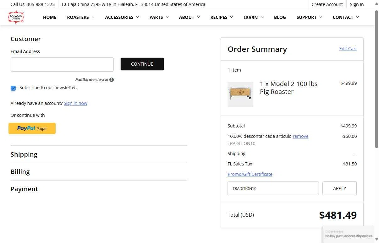 La Caja China checkout page showing La Caja China promo code box | Screenshot taken by SimplyCodes community member on May 14, 2025