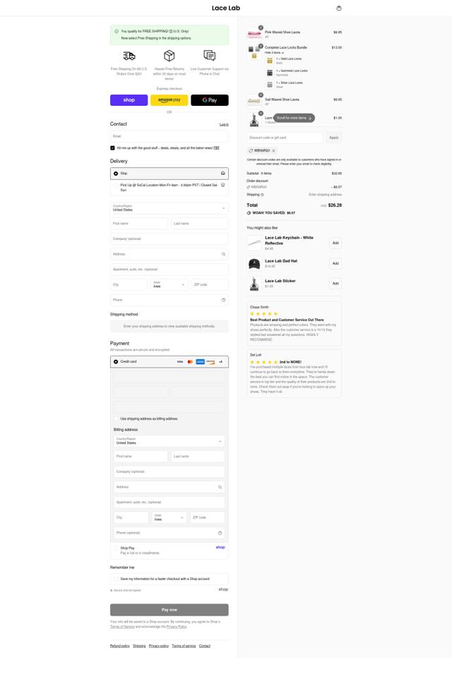 Lace Lab checkout page showing Lace Lab coupon code box | Screenshot taken by SimplyCodes community member on Sep 8, 2025