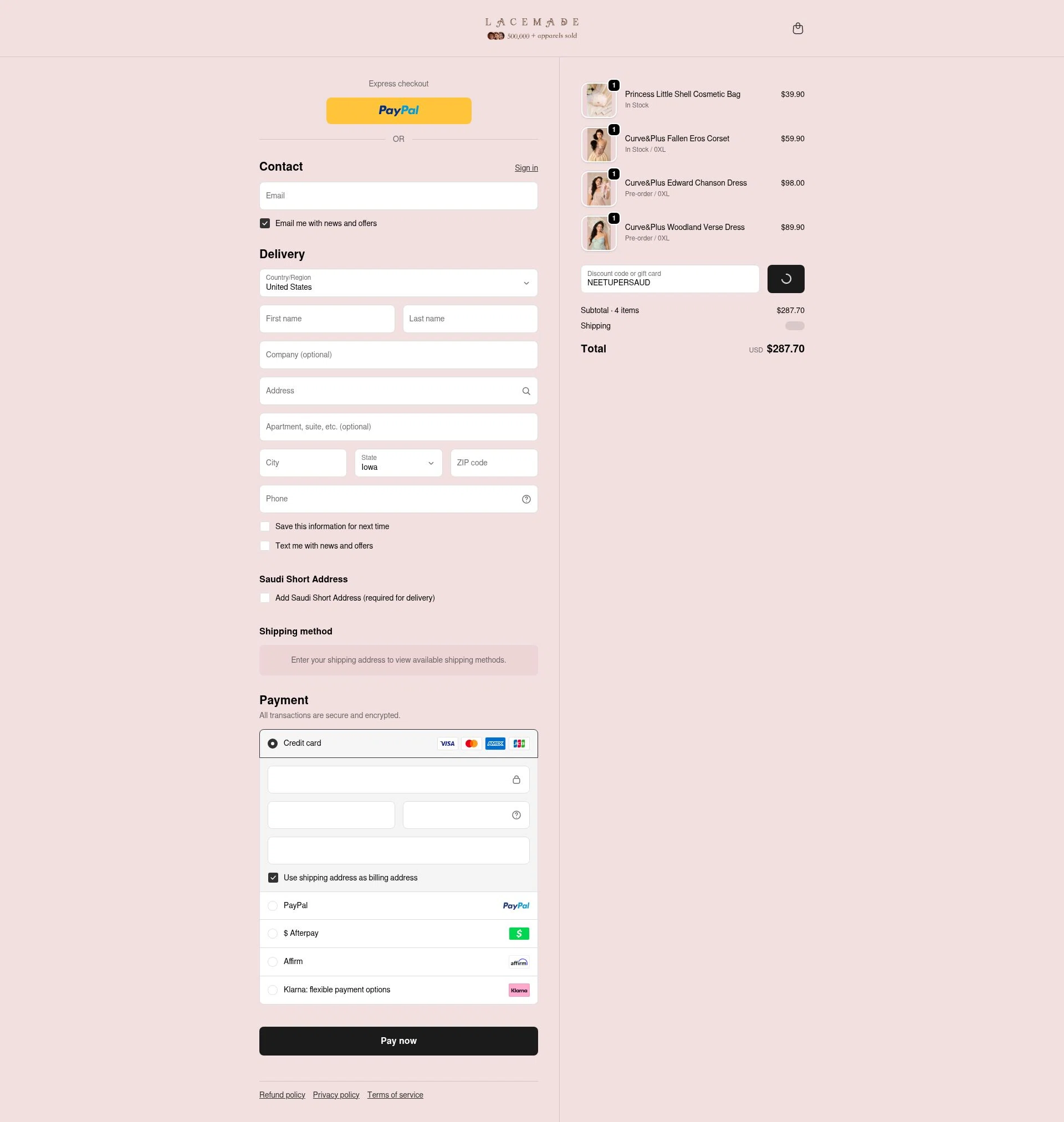 LaceMade checkout page showing LaceMade discount code box | Screenshot taken by SimplyCodes community member on Feb 18, 2026