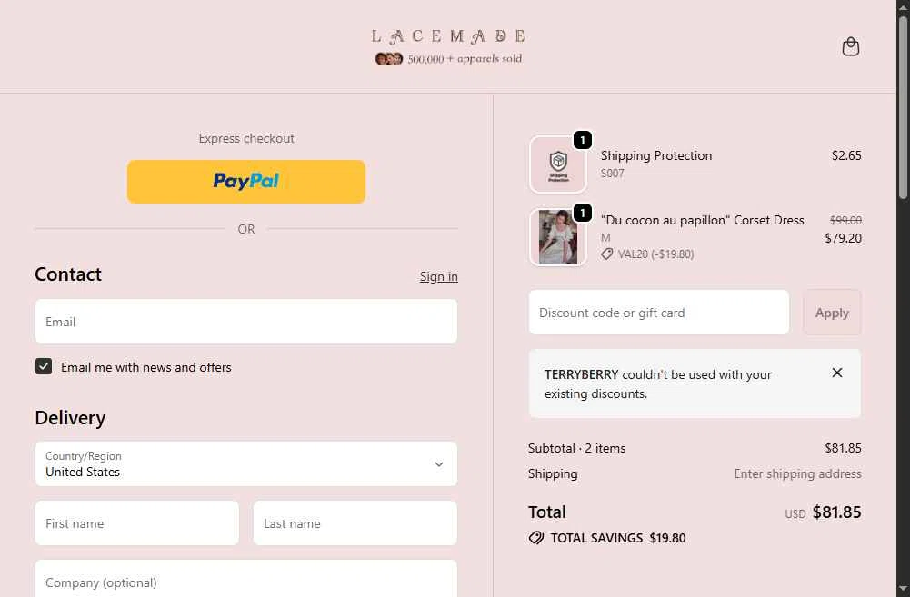 LaceMade checkout page showing LaceMade discount code box | Screenshot taken by SimplyCodes community member on Feb 19, 2026