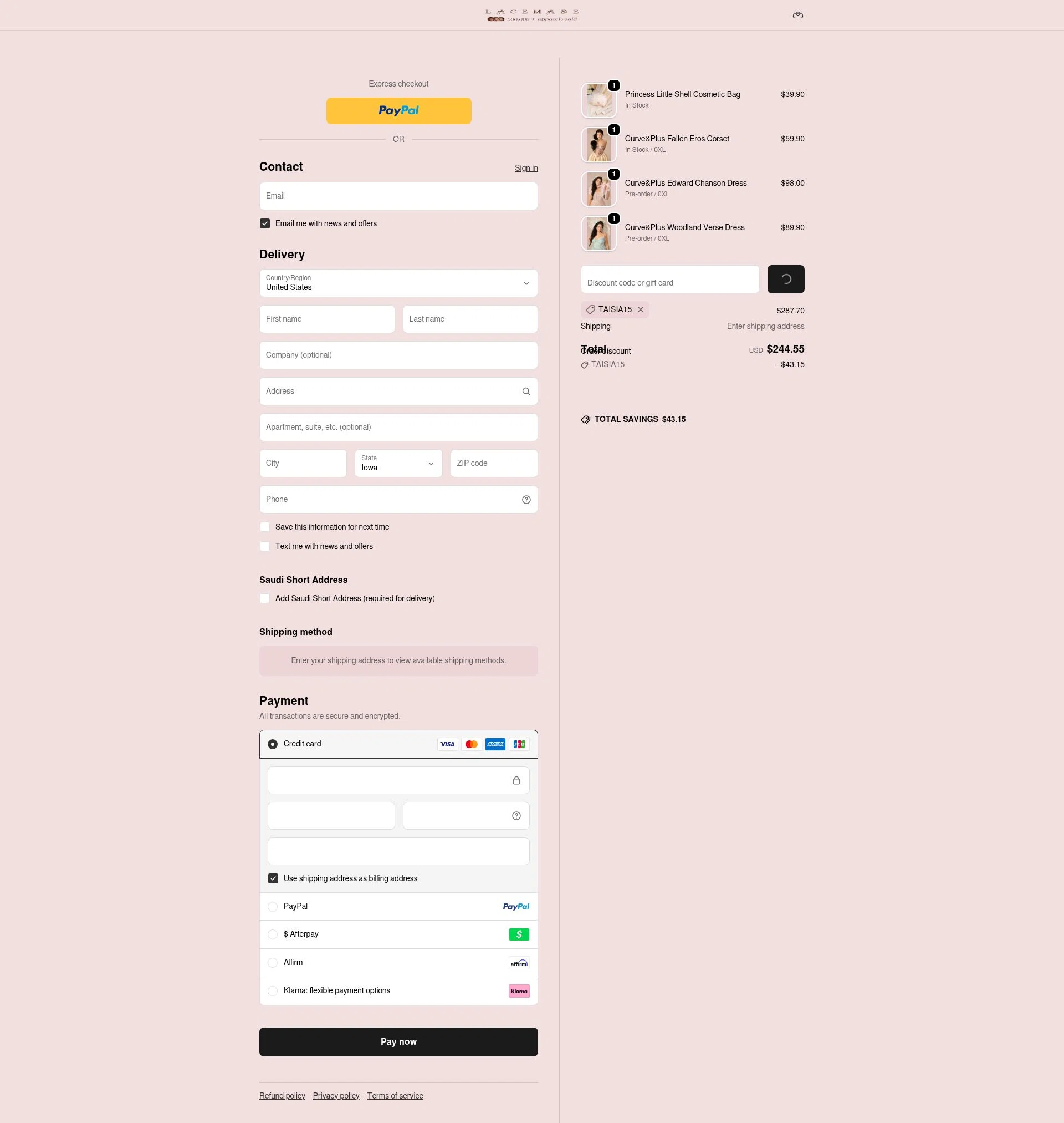 LaceMade checkout page showing LaceMade discount code box | Screenshot taken by SimplyCodes community member on Feb 18, 2026