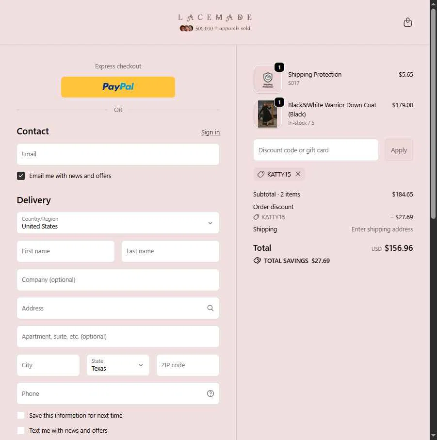 LaceMade checkout page showing LaceMade discount code box | Screenshot taken by SimplyCodes community member on Feb 18, 2026