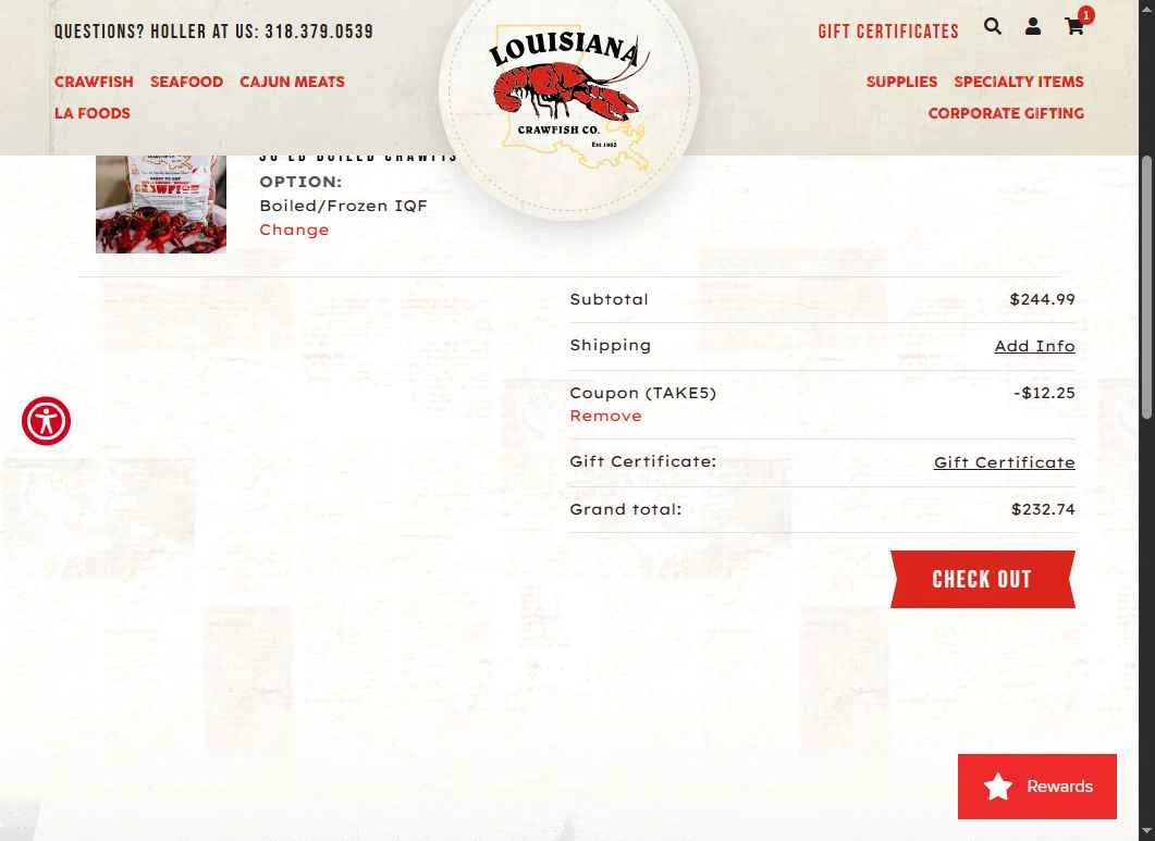 Lacrawfish checkout page showing Lacrawfish promo code box | Screenshot taken by SimplyCodes community member on Jan 14, 2026
