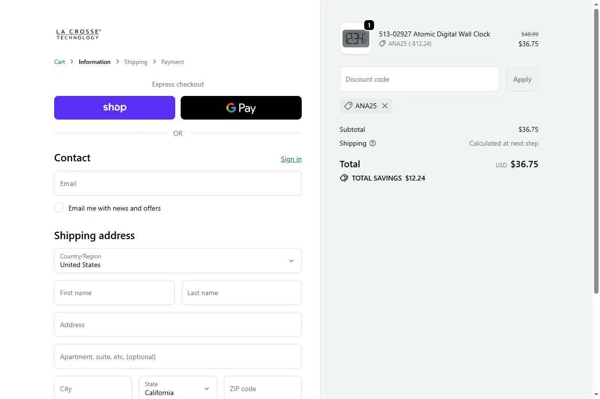 La Crosse Technology checkout page showing La Crosse Technology coupon code box | Screenshot taken by SimplyCodes community member on Oct 16, 2025