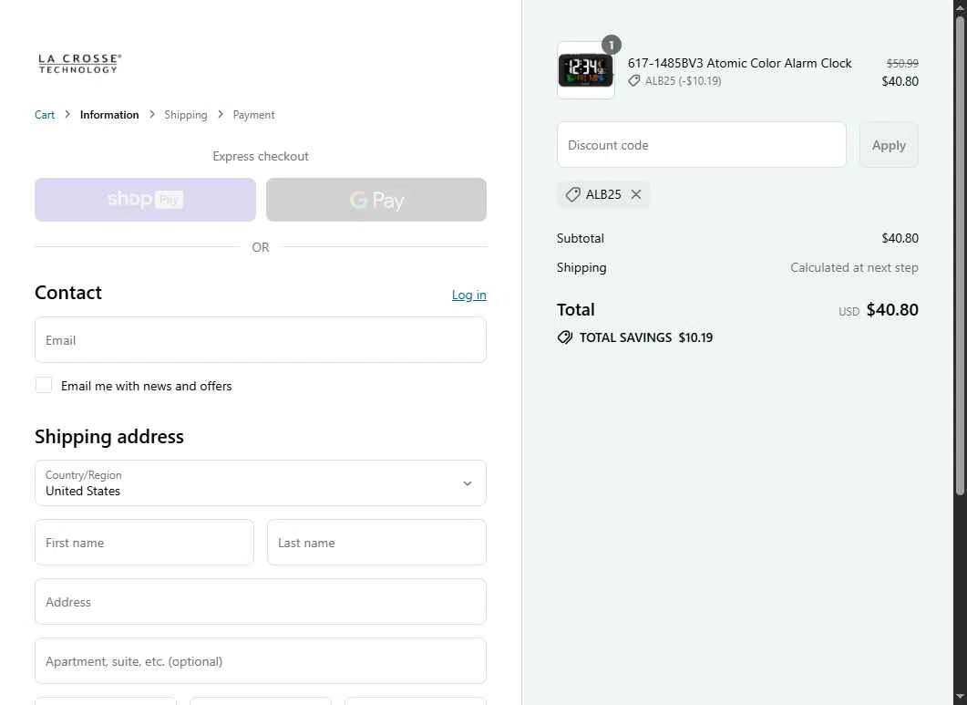La Crosse Technology checkout page showing La Crosse Technology coupon code box | Screenshot taken by SimplyCodes community member on Aug 15, 2025