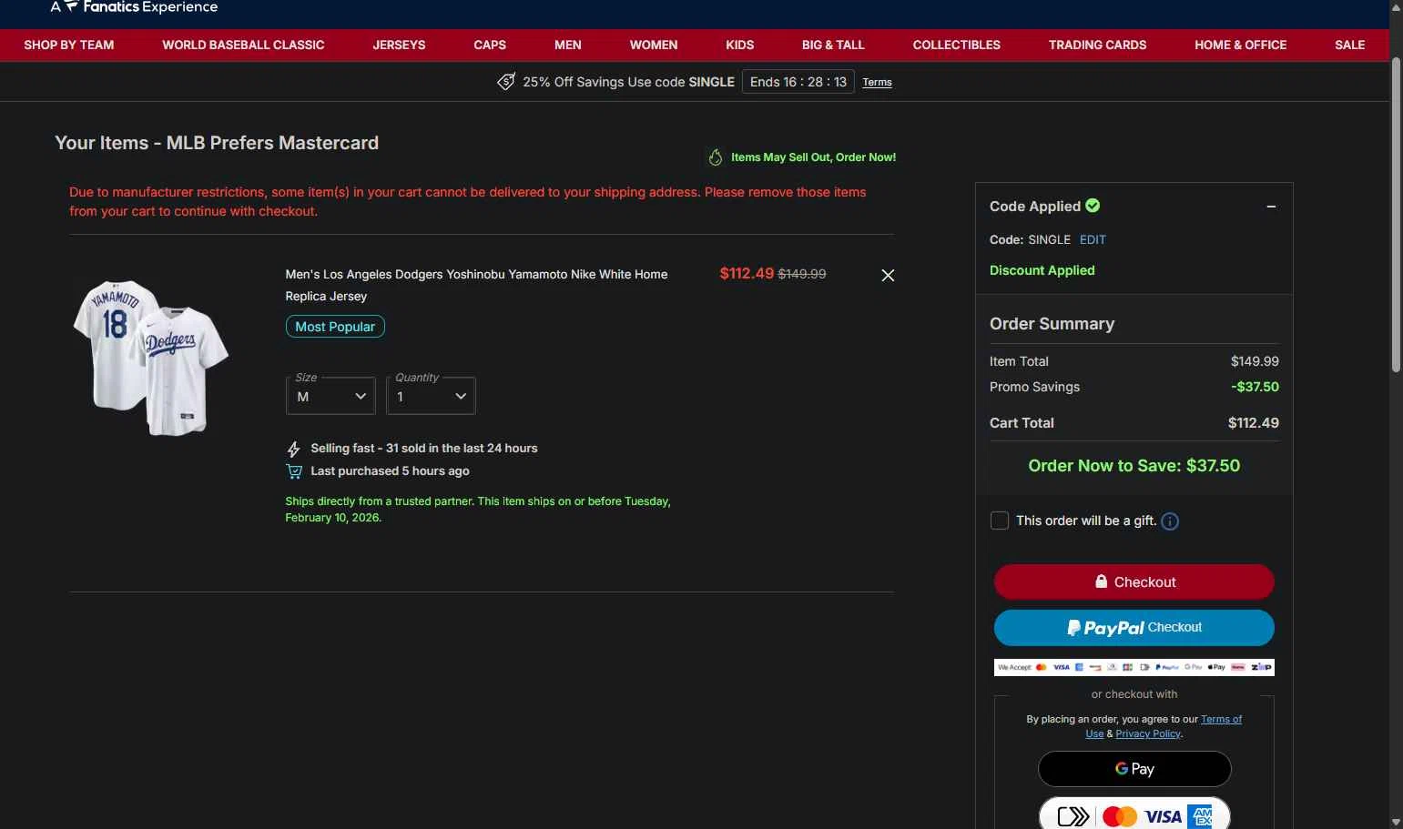 Los Angeles Dodgers checkout page showing Los Angeles Dodgers promo code box | Screenshot taken by SimplyCodes community member on Feb 10, 2026