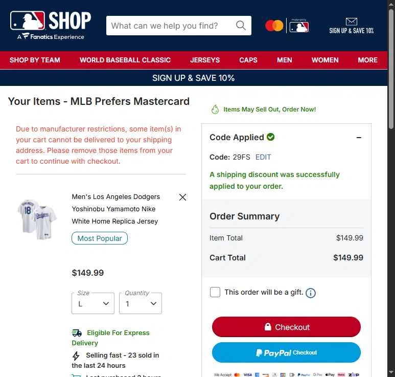 Los Angeles Dodgers checkout page showing Los Angeles Dodgers promo code box | Screenshot taken by SimplyCodes community member on Feb 12, 2026