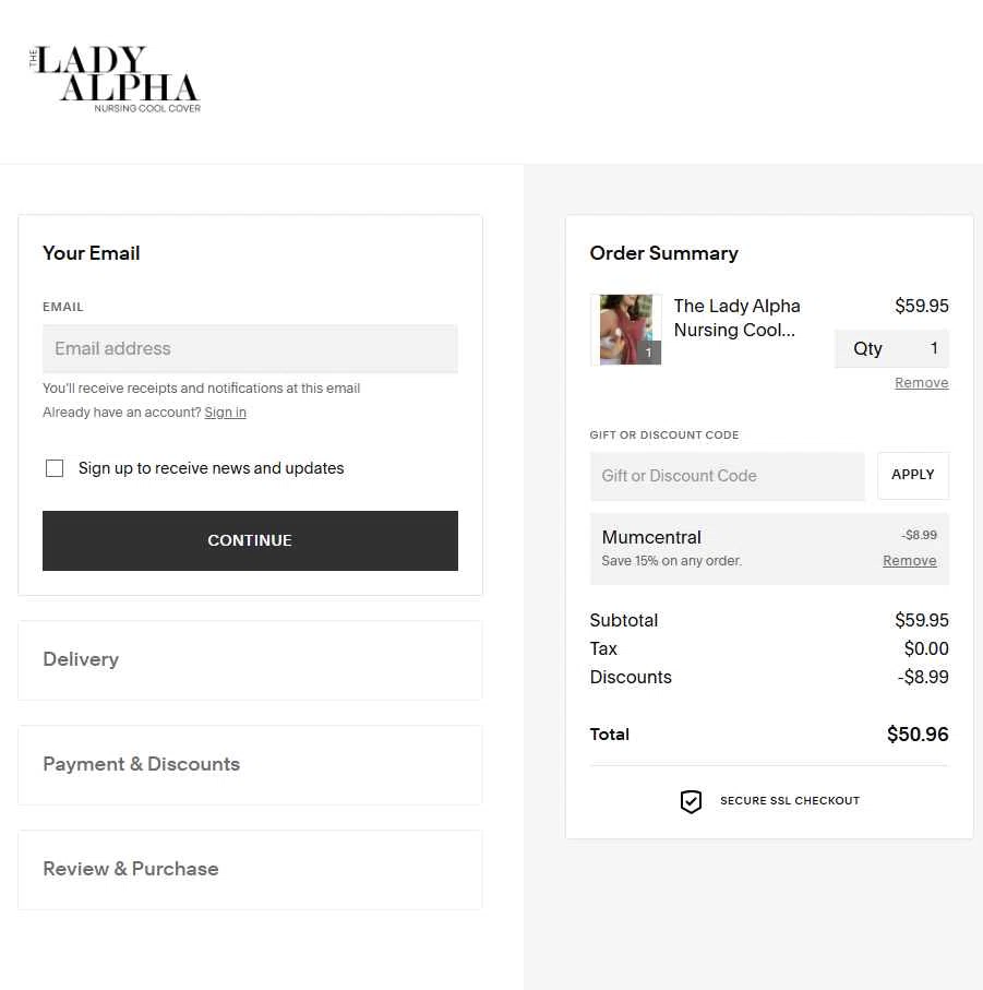 Lady Alpha checkout page showing Lady Alpha discount code box | Screenshot taken by SimplyCodes community member on Aug 22, 2025