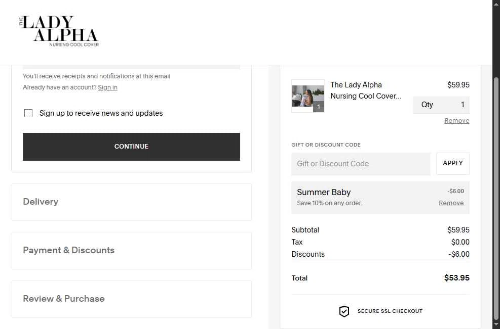 Lady Alpha checkout page showing Lady Alpha discount code box | Screenshot taken by SimplyCodes community member on Jun 22, 2025
