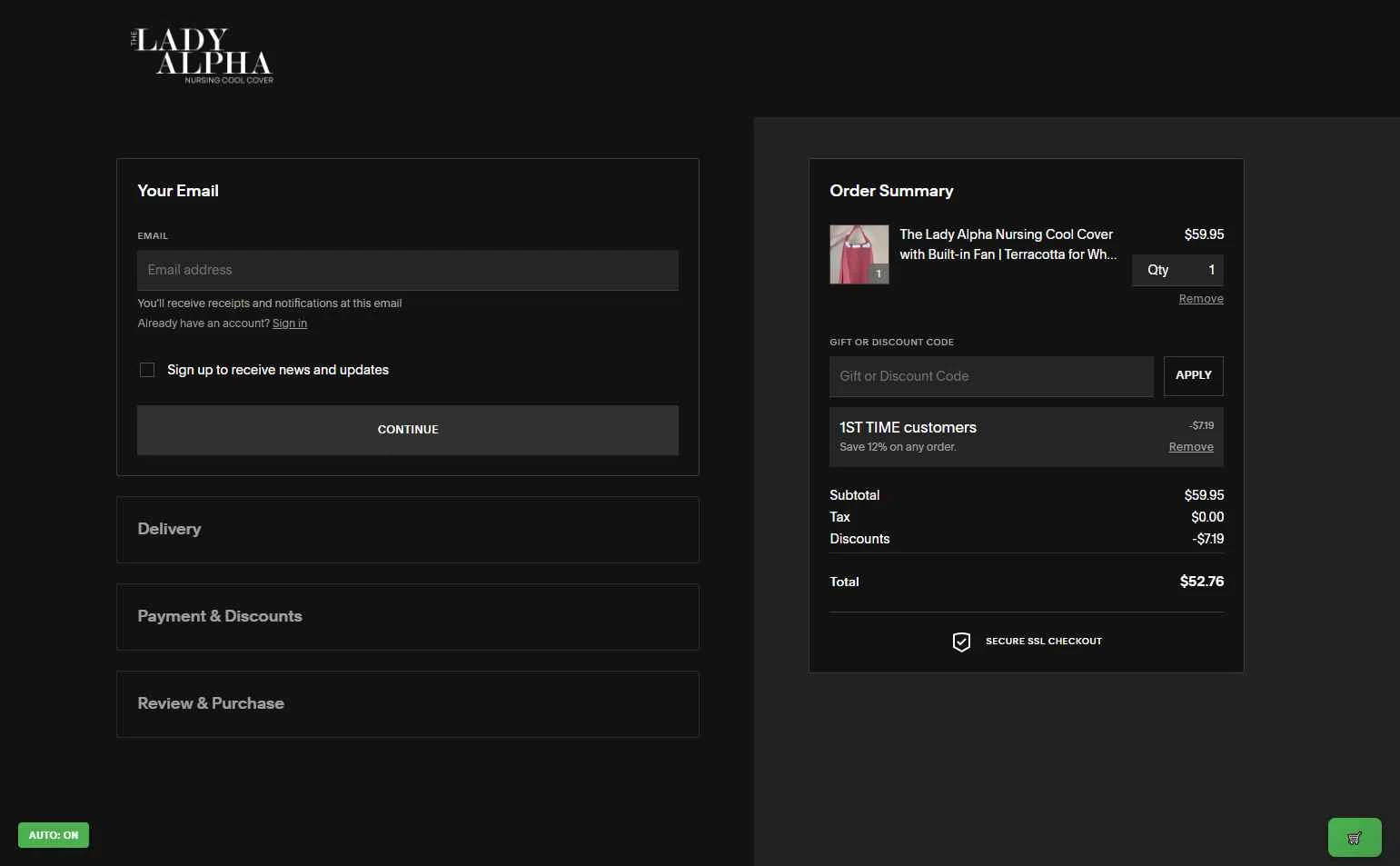 Lady Alpha checkout page showing Lady Alpha discount code box | Screenshot taken by SimplyCodes community member on Oct 30, 2025