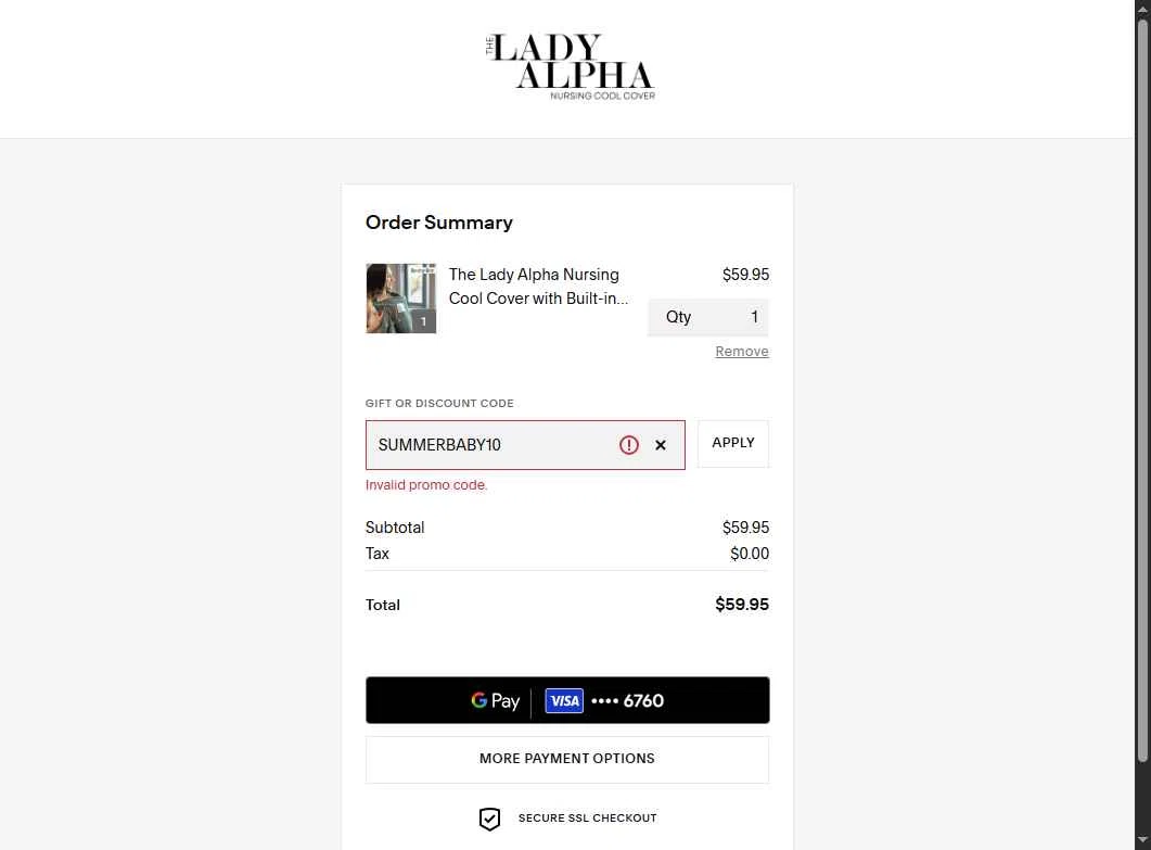 Lady Alpha checkout page showing Lady Alpha discount code box | Screenshot taken by SimplyCodes community member on Jul 4, 2025