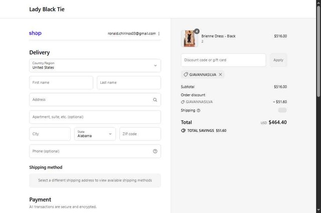 Lady Black Tie checkout page showing Lady Black Tie discount code box | Screenshot taken by SimplyCodes community member on Sep 4, 2025